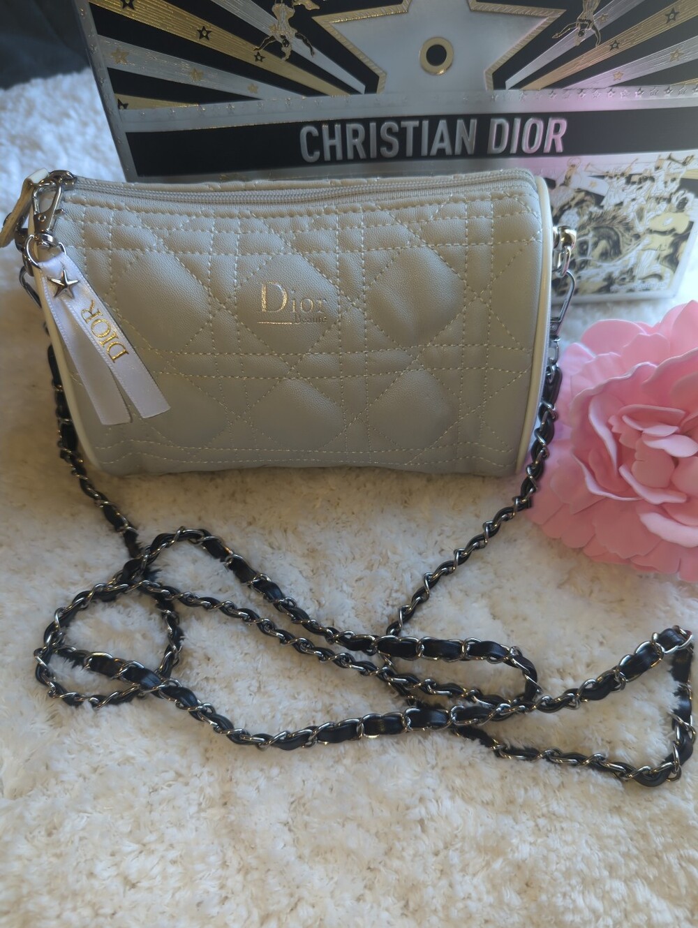 Dior Light Gray Quilted Beaute Bag Upcycled with Chain Strap And Bag Charm Rare